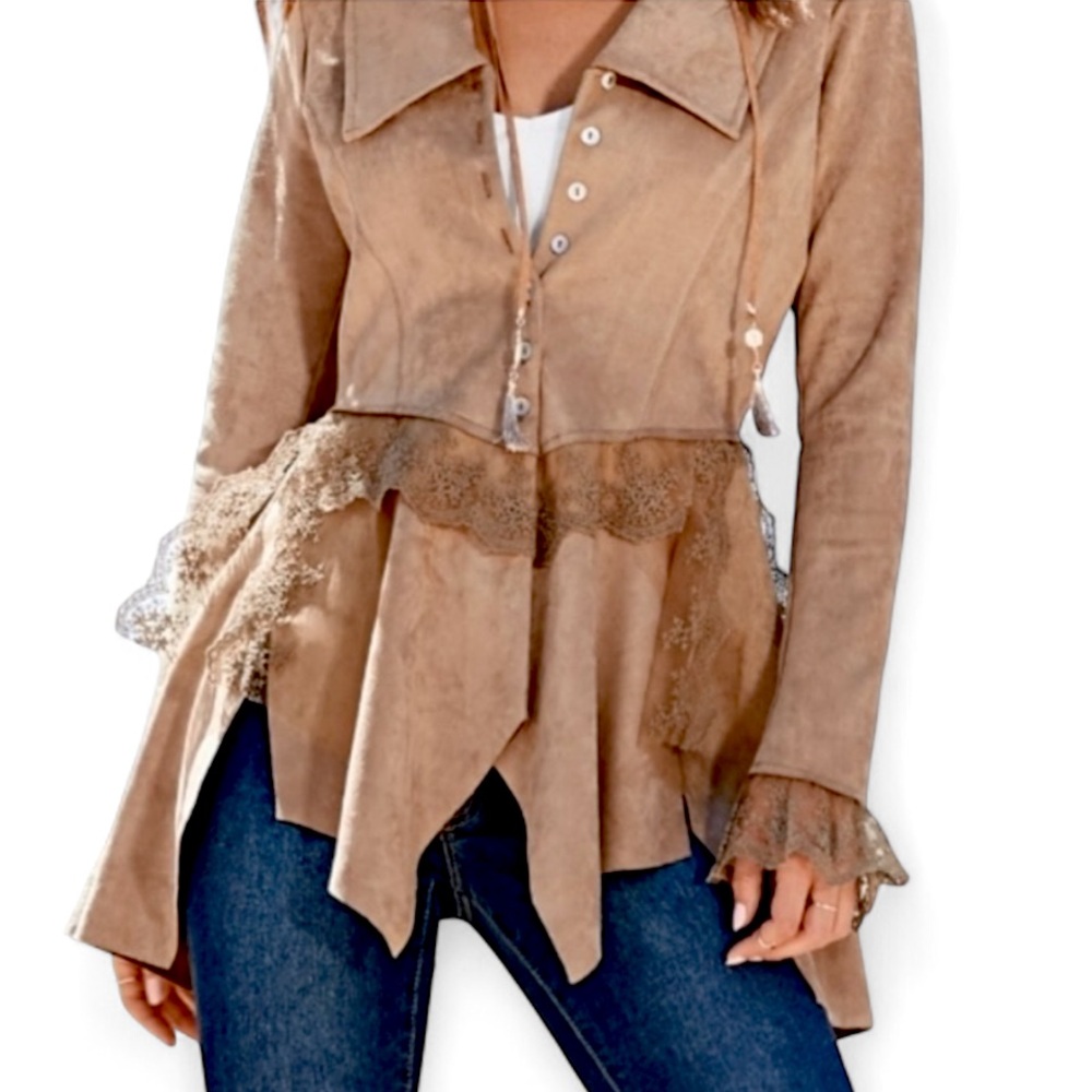 VENUS Faux Suede Lace Peplum Trapeze Jacket Coat Feminine Steampunk Boho | Sz XS